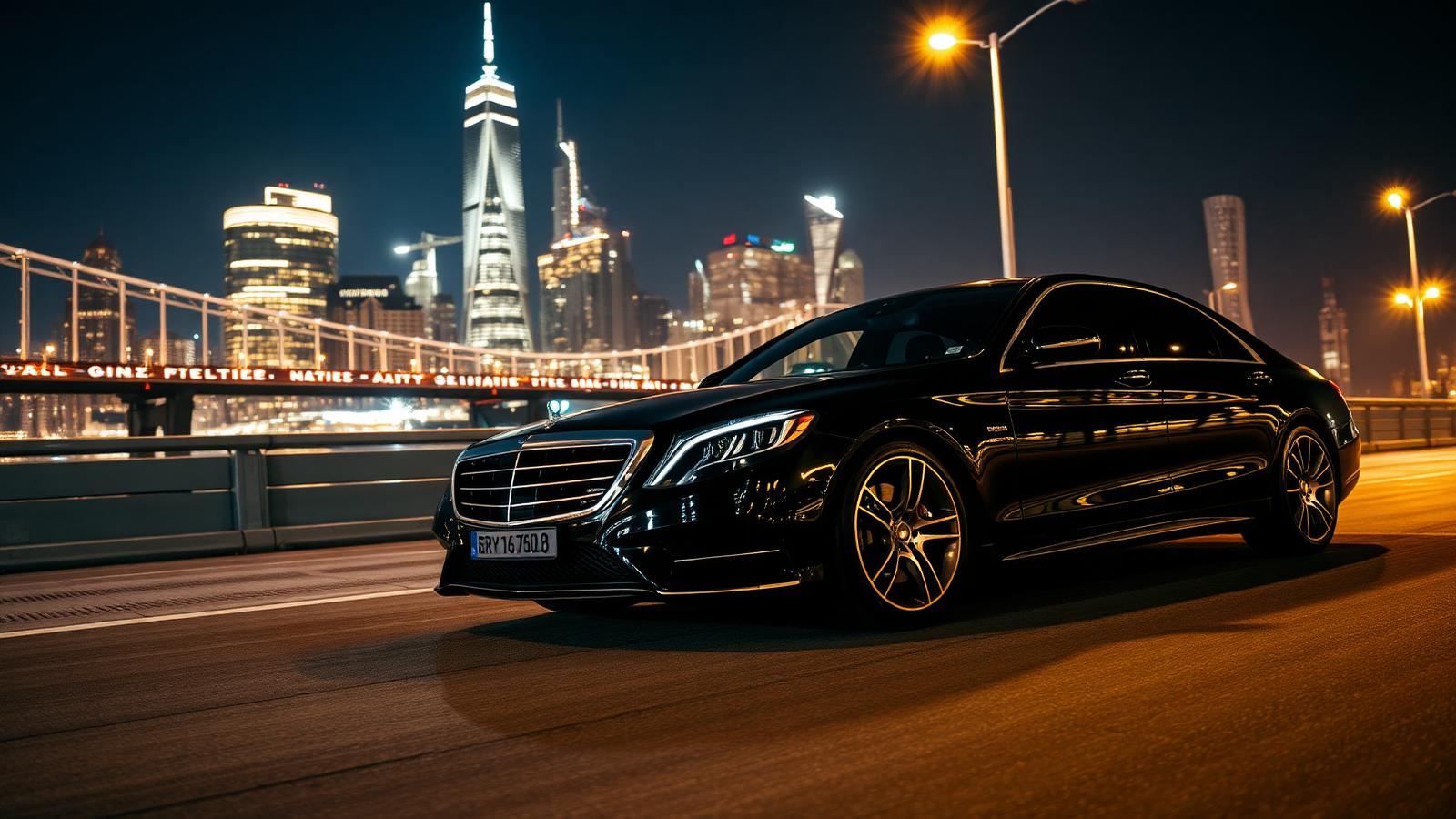 Luxury black sedan on Melbourne bridge at night